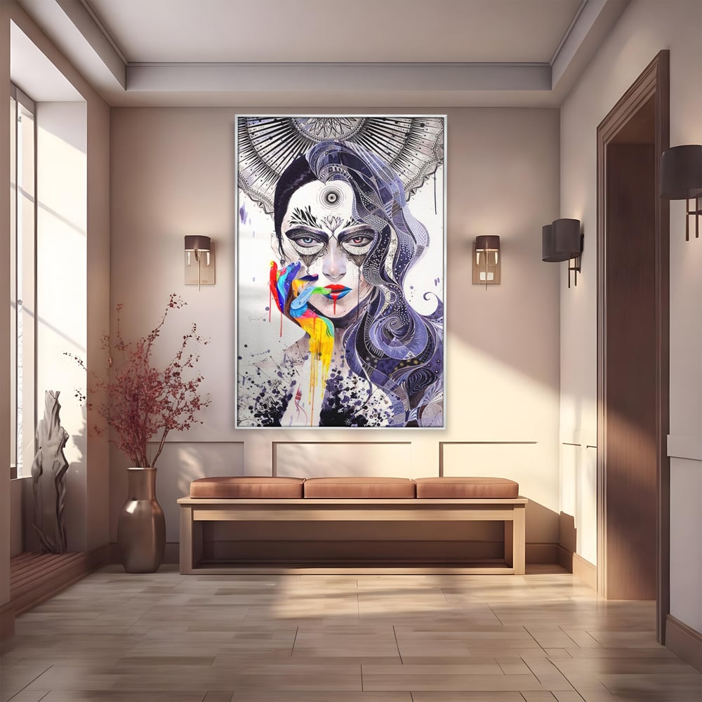 Tablou canvas cu tablou canvas cu portret abstract feminin, in rama de aluminiu argintiu